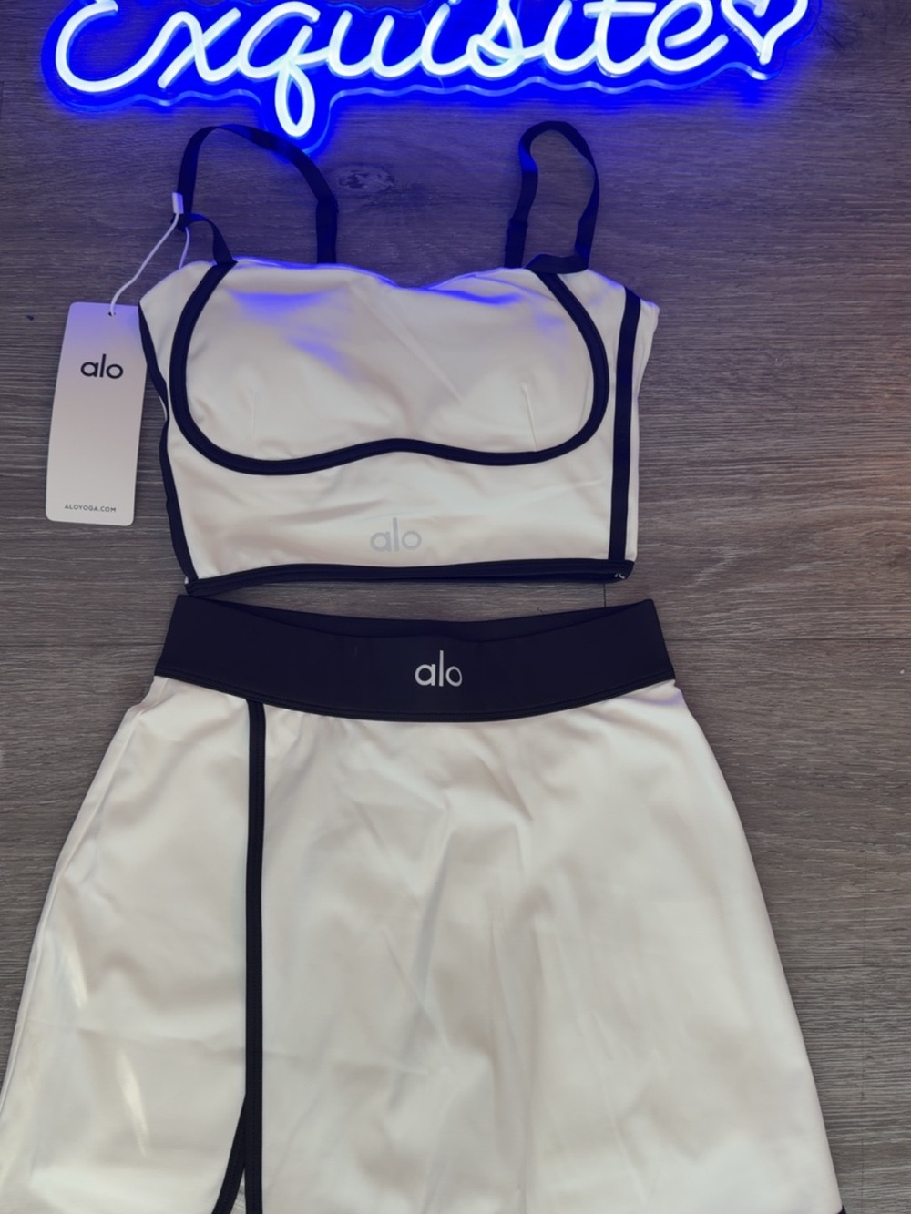 ALO Yoga White Bralette and Skirt Set with Black Trim